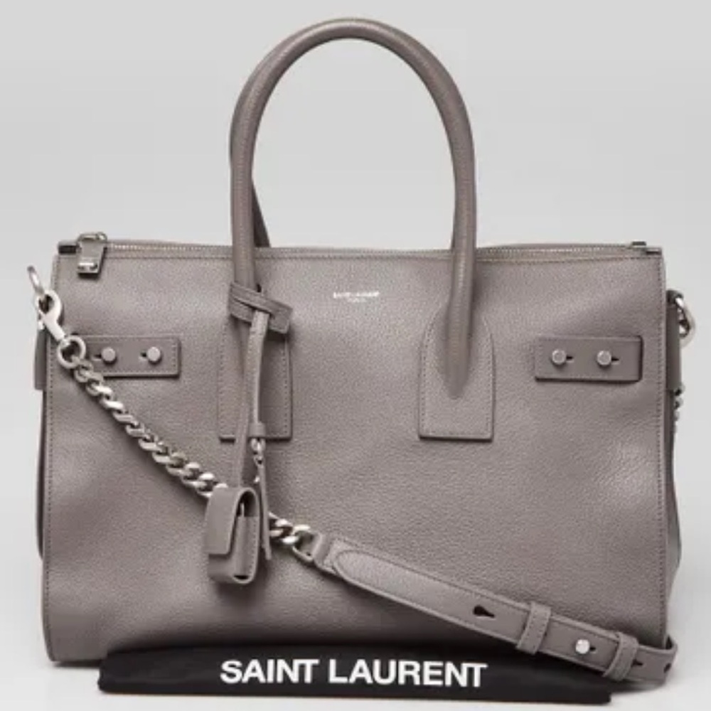 Saint Laurent Gray Grained Calfskin Souple Sac De Jour